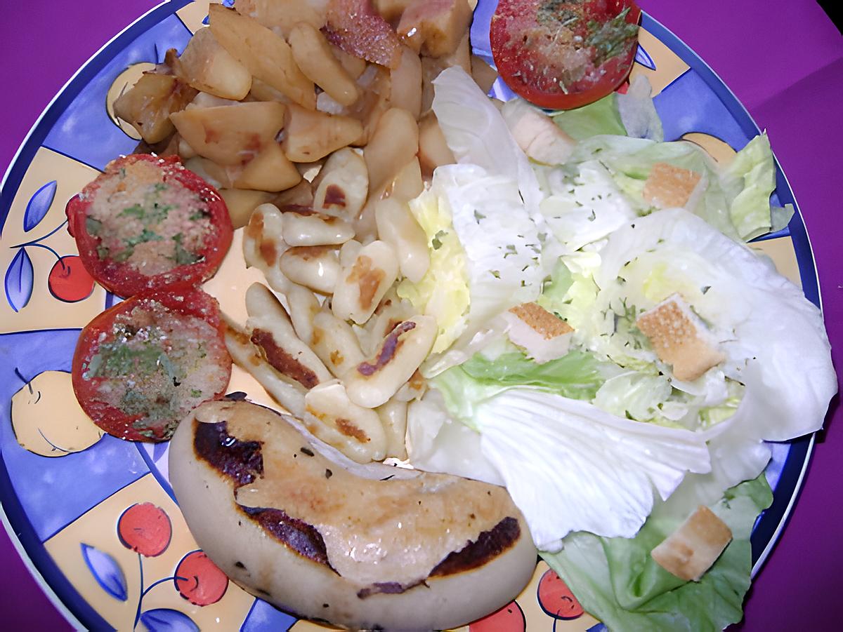 recette boudin blanc , tomates provençale, pommes caramélisees