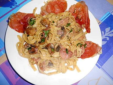 recette SPAGHETTI  FUNGHI  E  PROSCIUTTO CRUDO (champignons et jambon cru)