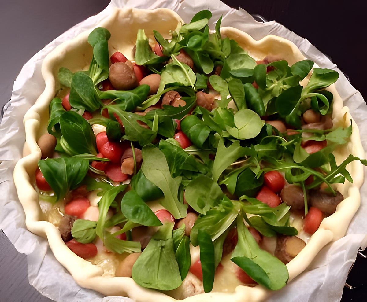 recette PIZZA AUX CHAMPIGNONS / MOZZARELLA & SAUCISSES KNACKI