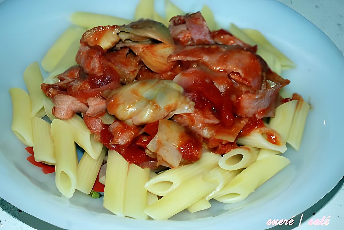 recette pâtes aux coeurs d'artichauts ,tomates et bacon