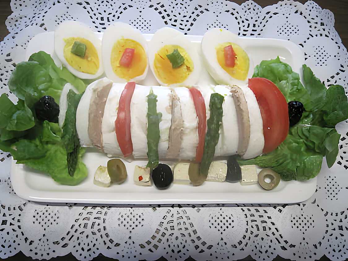 Recette de Plat de mozzarella. tomates. asperges.oeufs. foie gras.