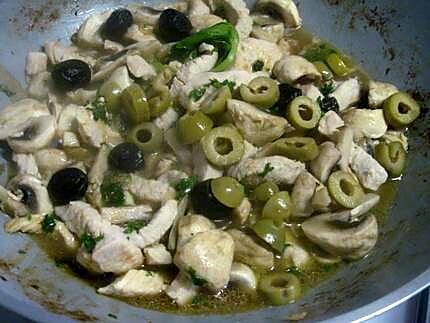 recette Emincé de poulet aux champignons et olives noires et vertes.