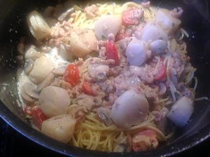 recette Spaghetti aux crevettes grise et Saint Jacques