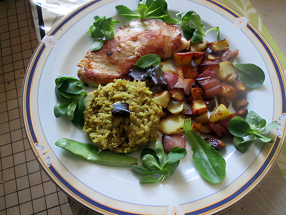recette escalope ,,pommes deterre lardons et riz épicé au chou fleur de chemin de gourmandise