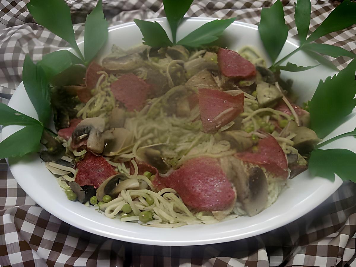 recette Spaghettis aux légumes et salami.