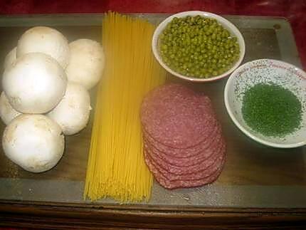 recette Spaghettis aux légumes et salami.