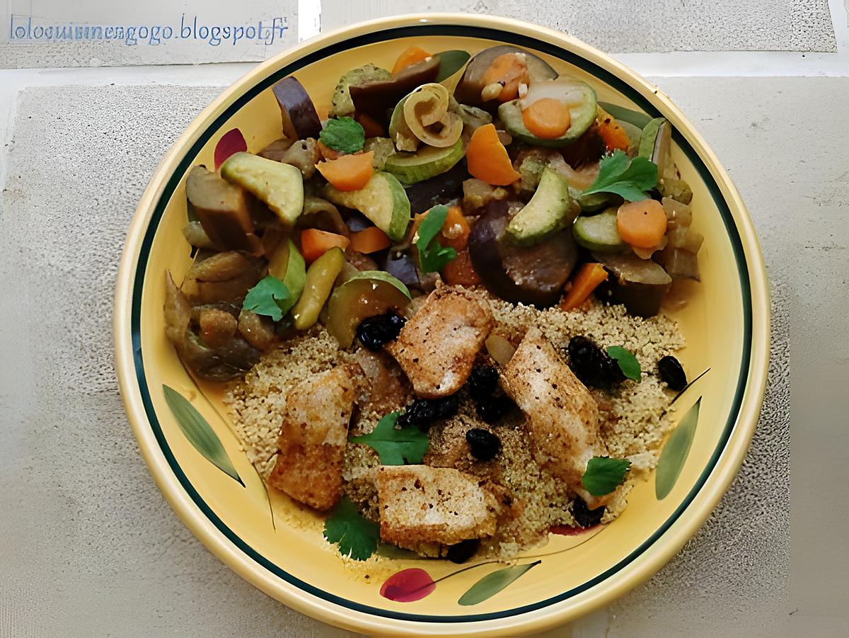 recette Couscous diététique : dinde grillée, aubergines et raisins secs