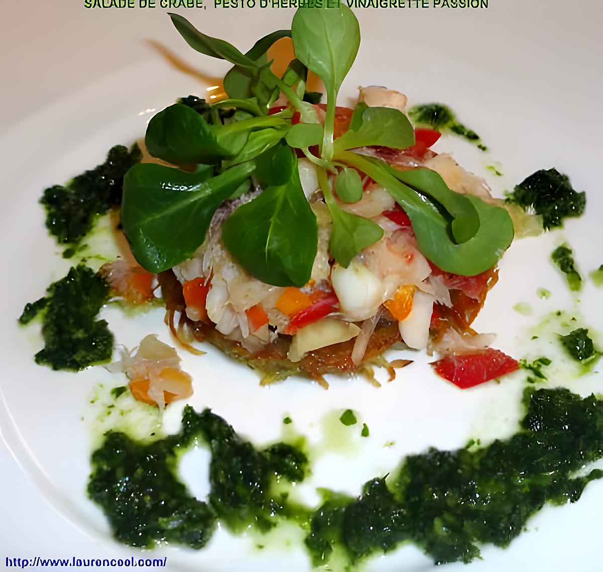 recette SALADE DE CRABE, PESTO D'HERBES ET VINAIGRETTE PASSION