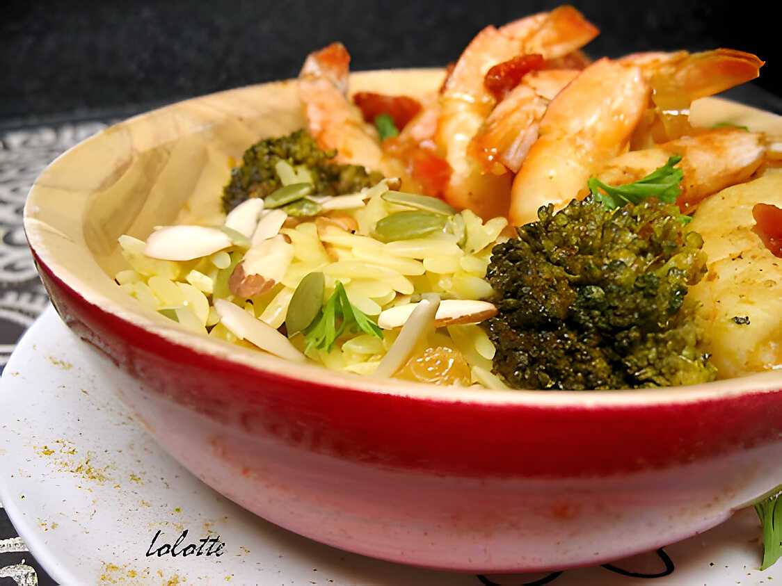 Recette de Gambas au curry de mélasse de grenade, avoines safranées aux ...