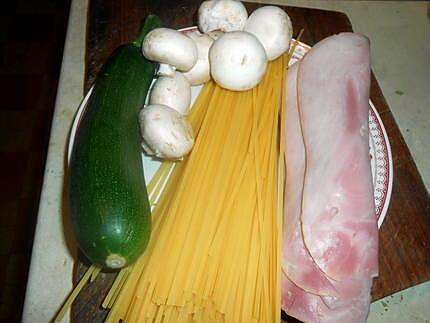 recette Linguine sauce cremeuse champignons,jambon,courgette