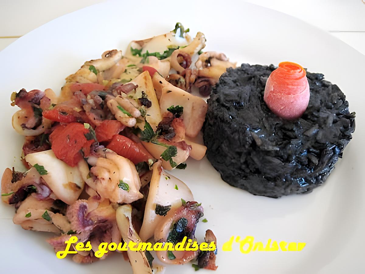 recette Calamar à la plancha et risotto à l'encre de seiche