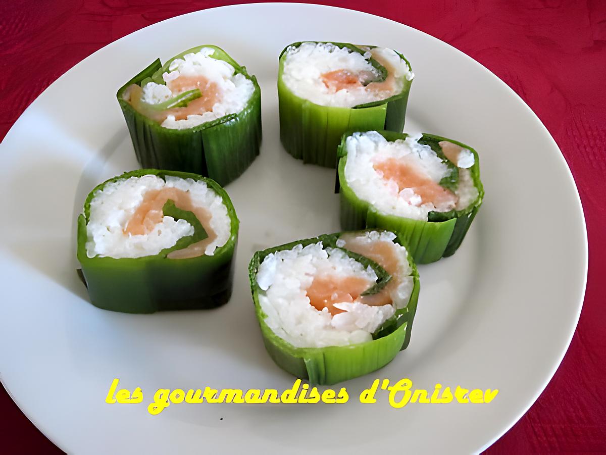 recette SUSHIS AUX POIREAUX,  SAUMON MARINE A L'ANETH