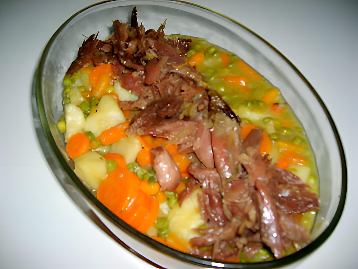 recette Effeuillée de confit de canard aux petits pois carottes