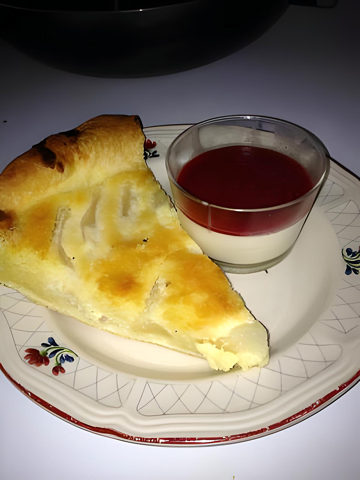 recette tarte aux poires et aux amandes avec pana cotta au coulis de framboises