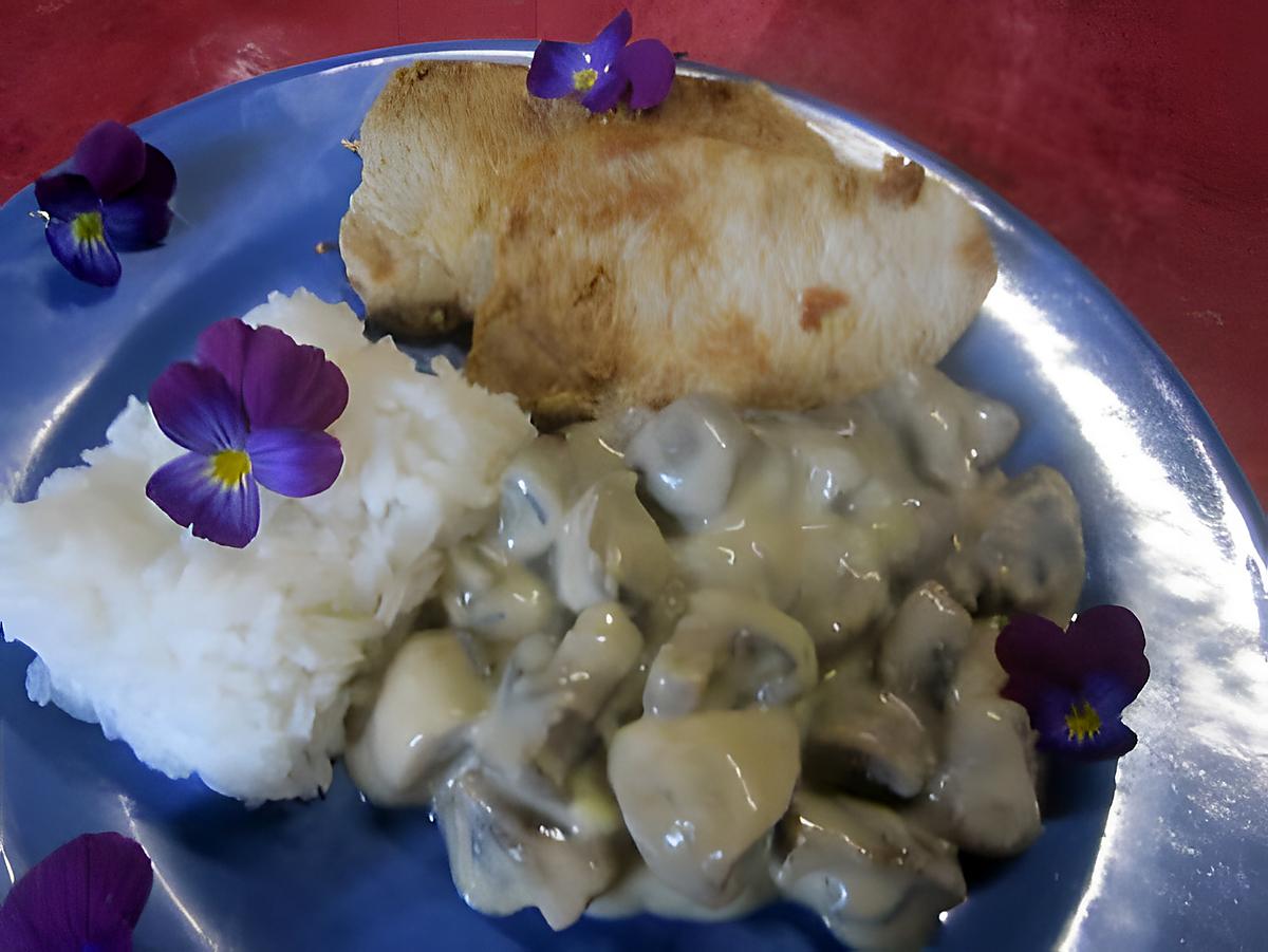 recette Champignons sauce blanche. steaks de porc.riz.