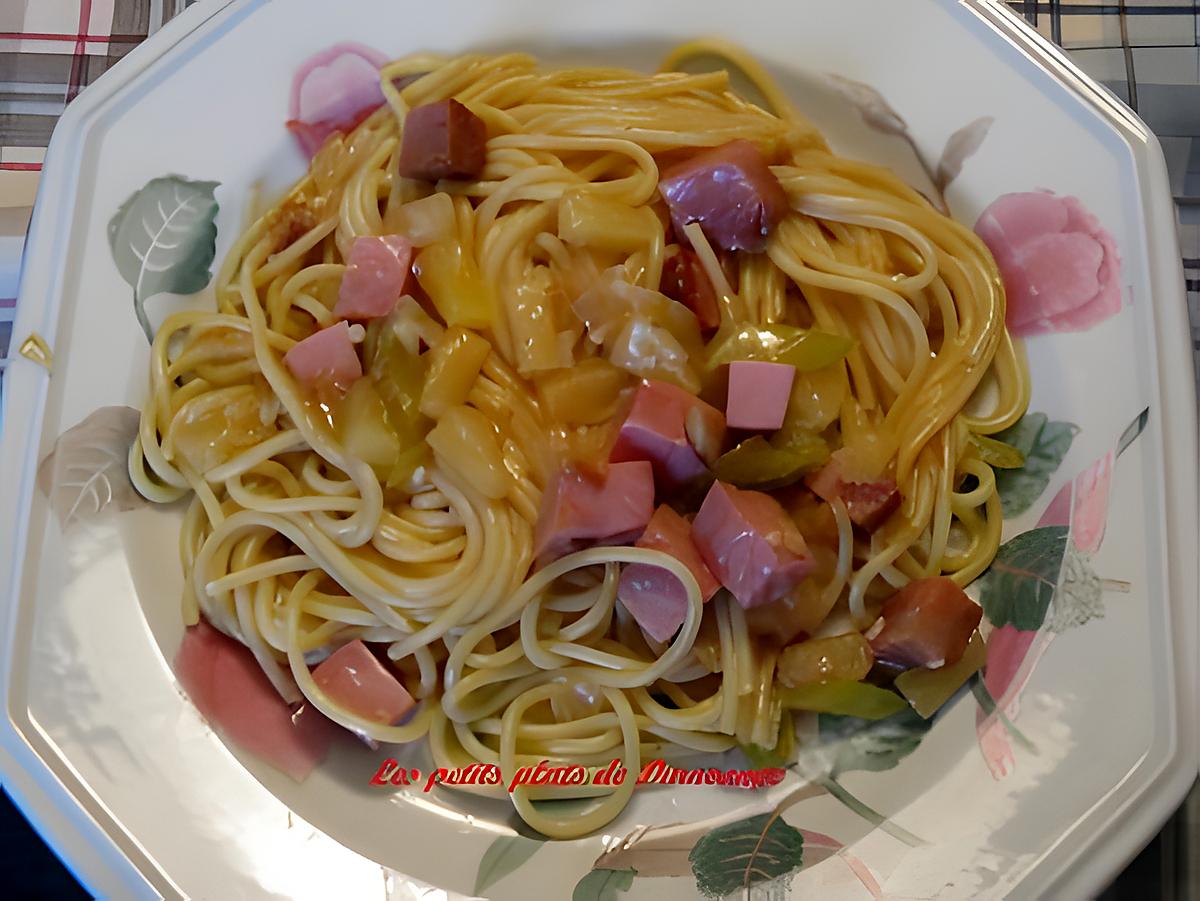 recette Spaghettis au jambon et ananas , sauce aigre-douce