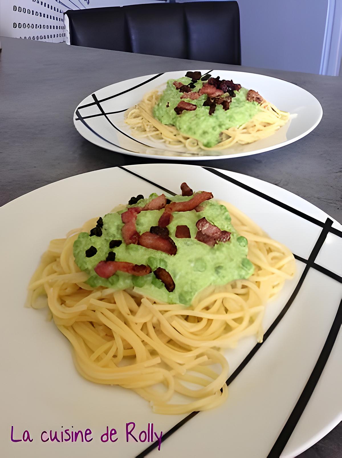 recette Spaghetti sauce aux petits pois et lardons