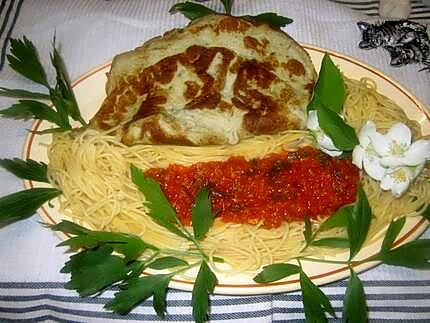 recette Omelette à la crème d'anchois.accompagné de spaghettis.