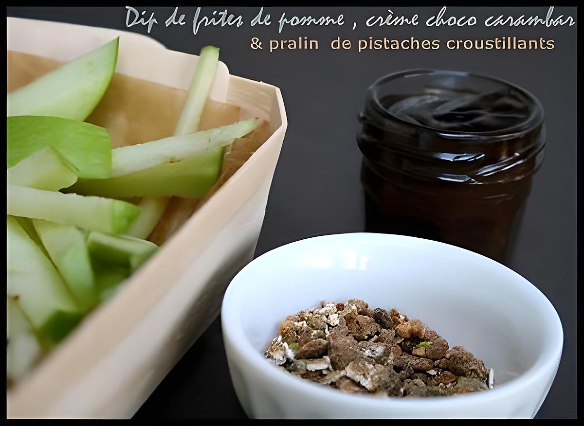 recette ** Idée de Goûter ludique, sain & gourmand: cornet /barquette de Frites de pomme granny, sauce choco- carambar et pralin **