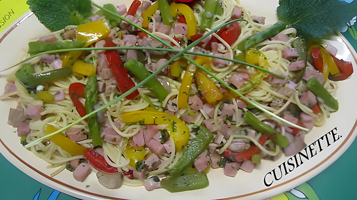 recette Spaghettis aux poivrons et dés de jambon.