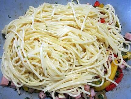 recette Spaghettis aux poivrons et dés de jambon.