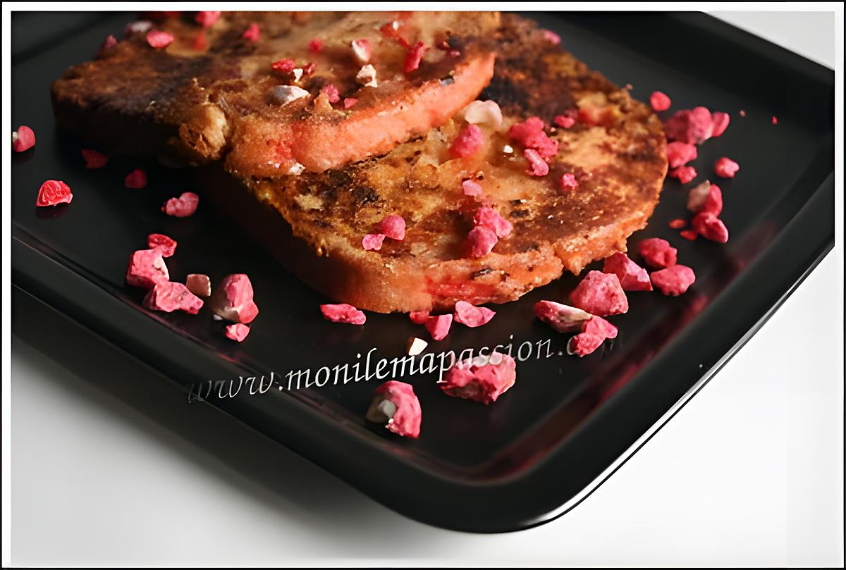 recette Brioche aux pralines roses “perdue” flambée au punch cerises