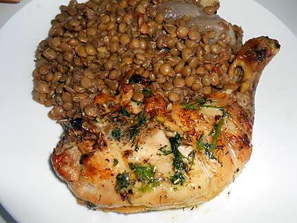 recette CUISSES DE POULET GRILLEES BEURRE DE CORIANDRE ET LENTILLES