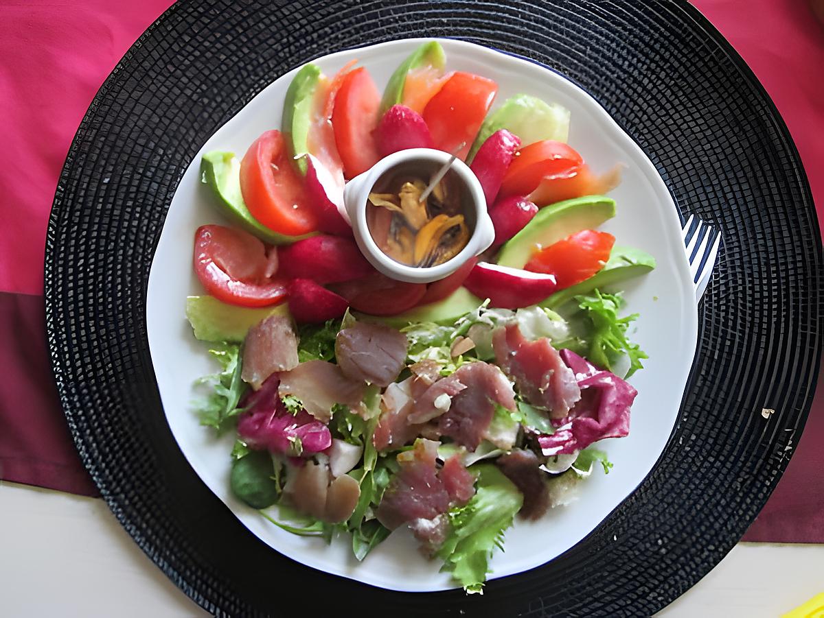 recette assiette  crudités, magret séché ,moules  marinées