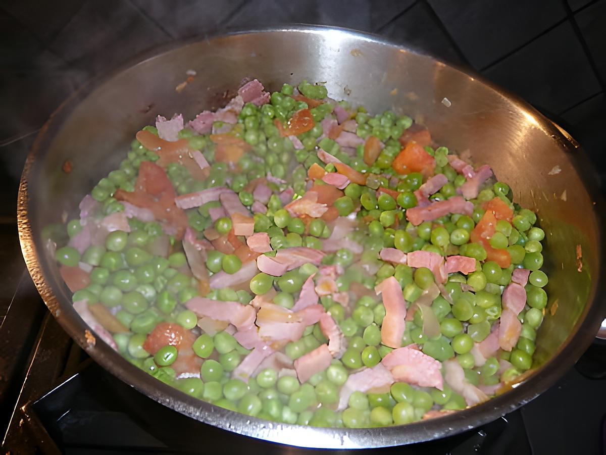 recette Petit pois du jardin revenus à la tomate ,aux lardons et aux echalottes