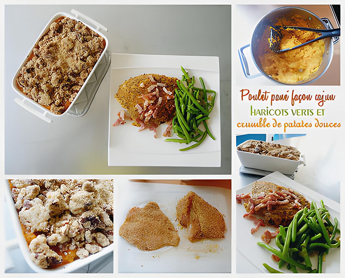 recette Poulet pané façon cajun, haricots verts et crumble de patates douces