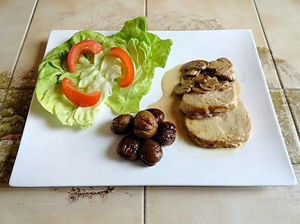 recette Rôti de dinde sauce crème, calvados, cidre, champignons