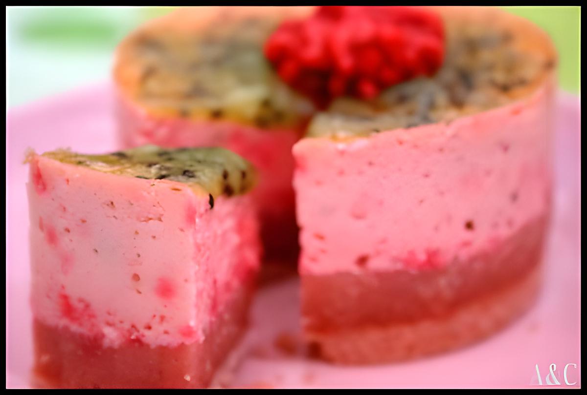 recette ** Mini cheese-cake léger rose & vert: biscuits roses de Reims, pralines roses et miroir de kiwi **