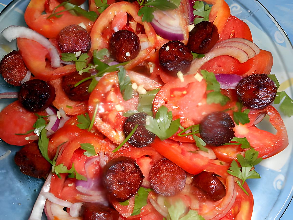 recette Salade de tomates au chorizo croustillant