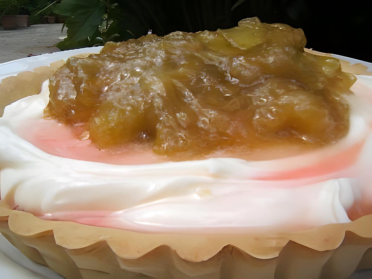 recette Tarte à la rhubarbe au mascarpone / gingembre confit et sirop de rose sur une pâte brisée au gingembre