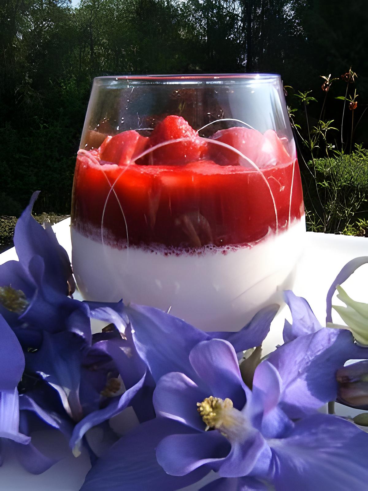 recette Panacotta express au sirop de rose , coulis de framboises et fraises
