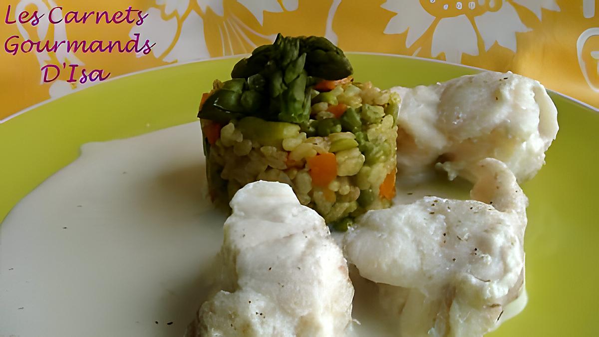 recette Lotte à l'émulsion coco et son risotto aux petits légumes printaniers