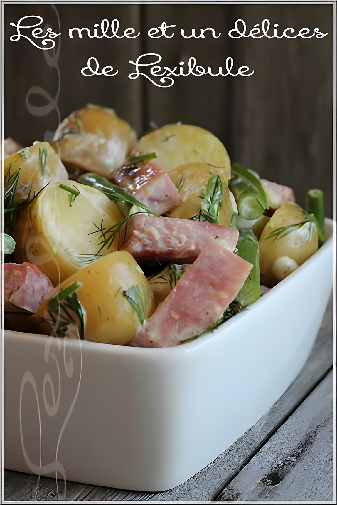 recette Salade-repas de pommes de terre grelots, de haricots et de jambon~
