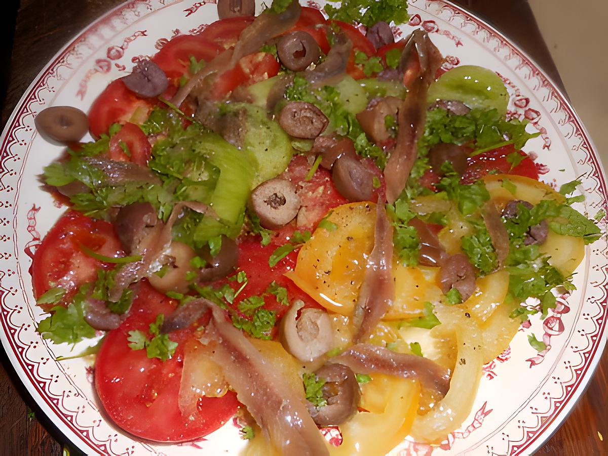recette Salade de tomate de couleurs aux anchois et olives