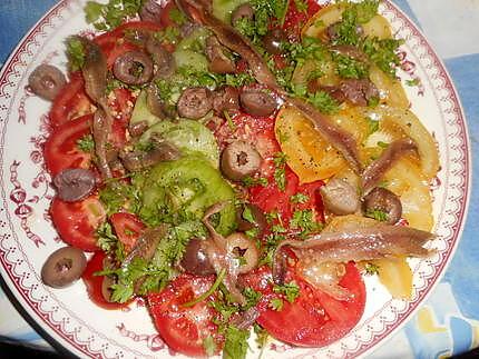 recette Salade de tomate de couleurs aux anchois et olives