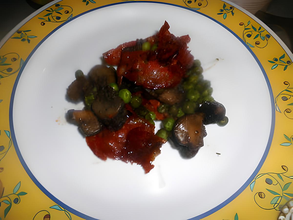 recette Poelee de chorizo  au petit pois et champignon