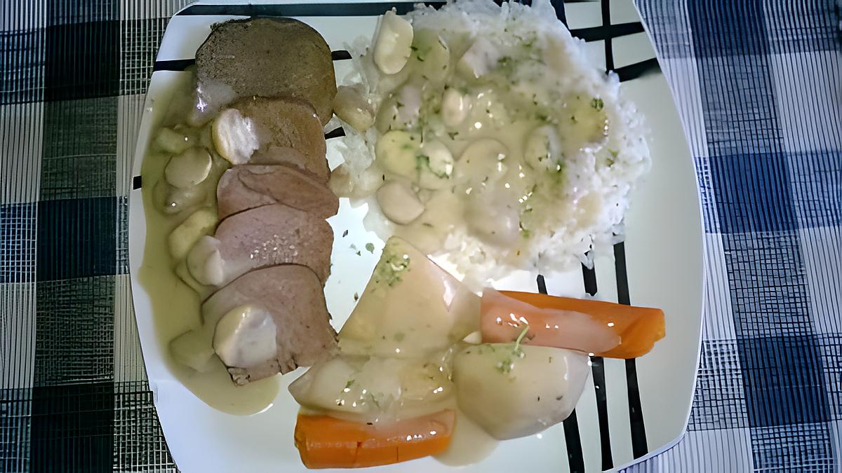 recette 2 éme étape de la langue ; langue sauce suprême aux champignons et riz ,