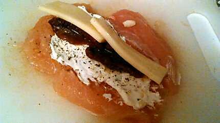 recette Roulé de dinde au lard au mascarpone et tomate séché gratinée sauce au foie gras