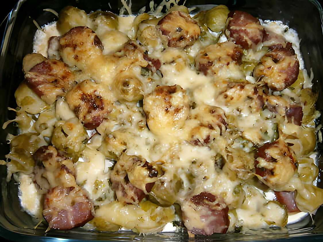 Recette de Gratin de pommes de terre, choux de Bruxelles et saucisses