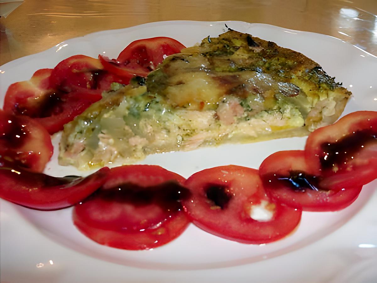 recette Tarte aux deux saumons ,à la pulpe de basilic et camenbert gratiné