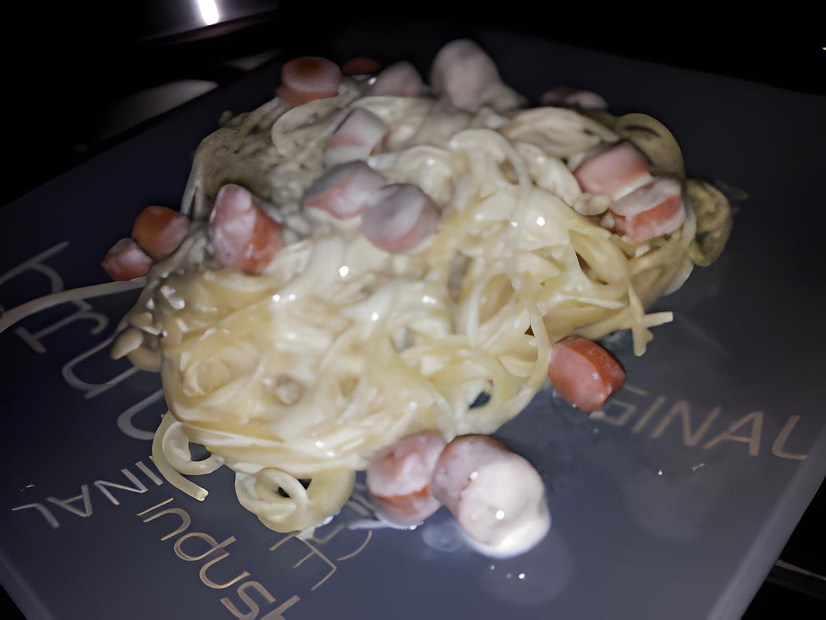 recette Spaghettis à la carbonara aux saucisses de strasbourg