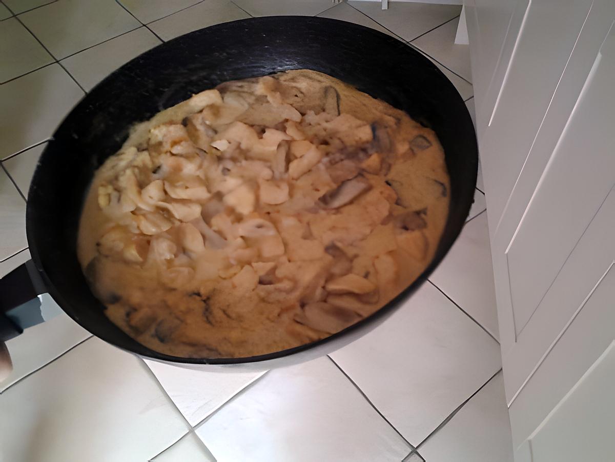 recette des de dinde , poulet  aux champignons , sauce crème et fond de volaille parsemé  de parmesan .