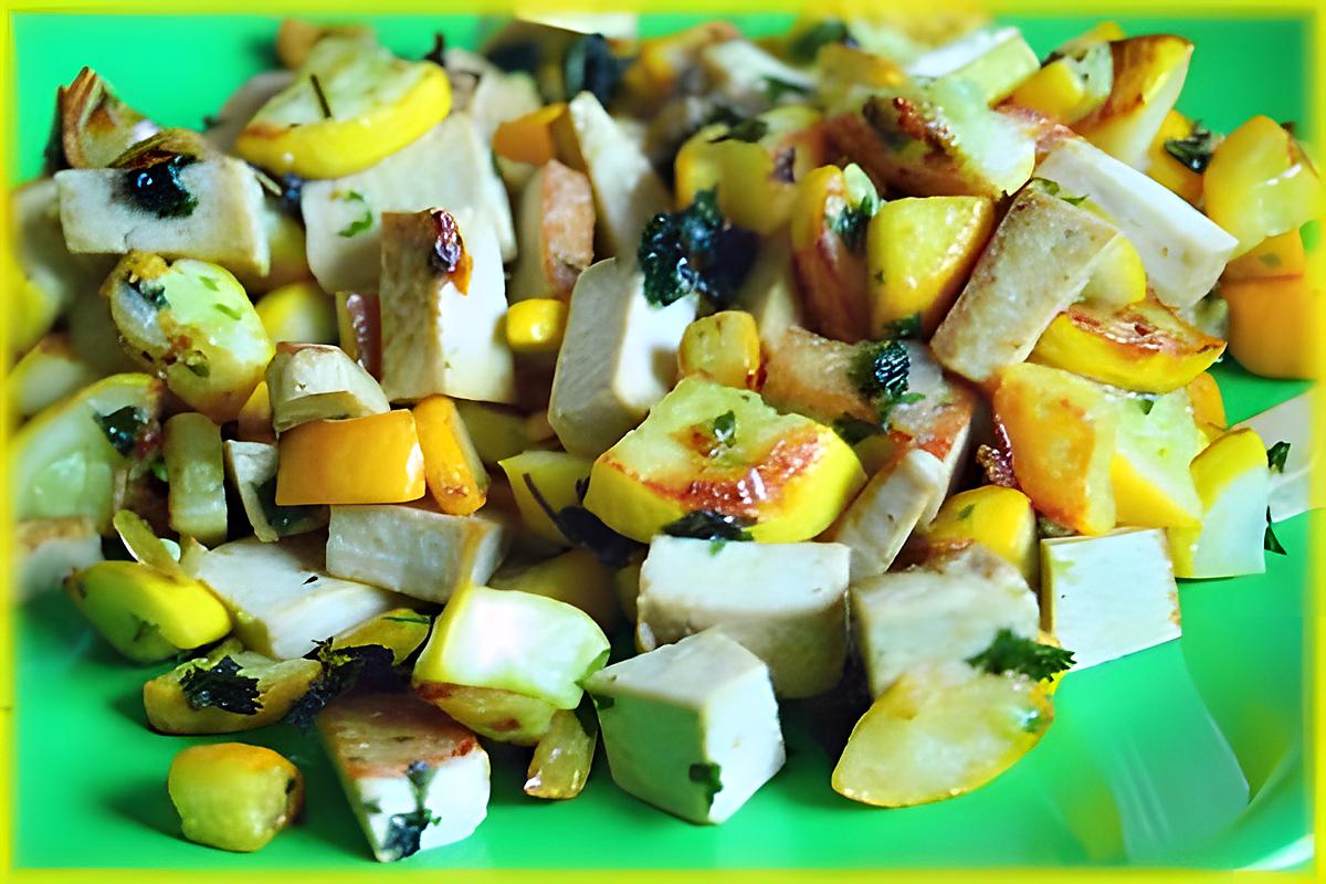 recette Poêlée estivale aux courgettes jaunes, tofu fumé et oigons nouveaux