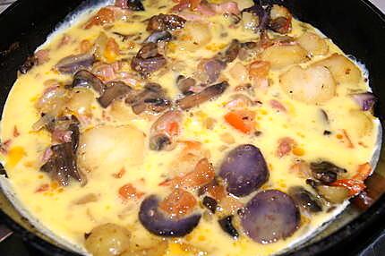 recette Omelette oignons/tomates/lardons fumés/ pommes de terre/champignons