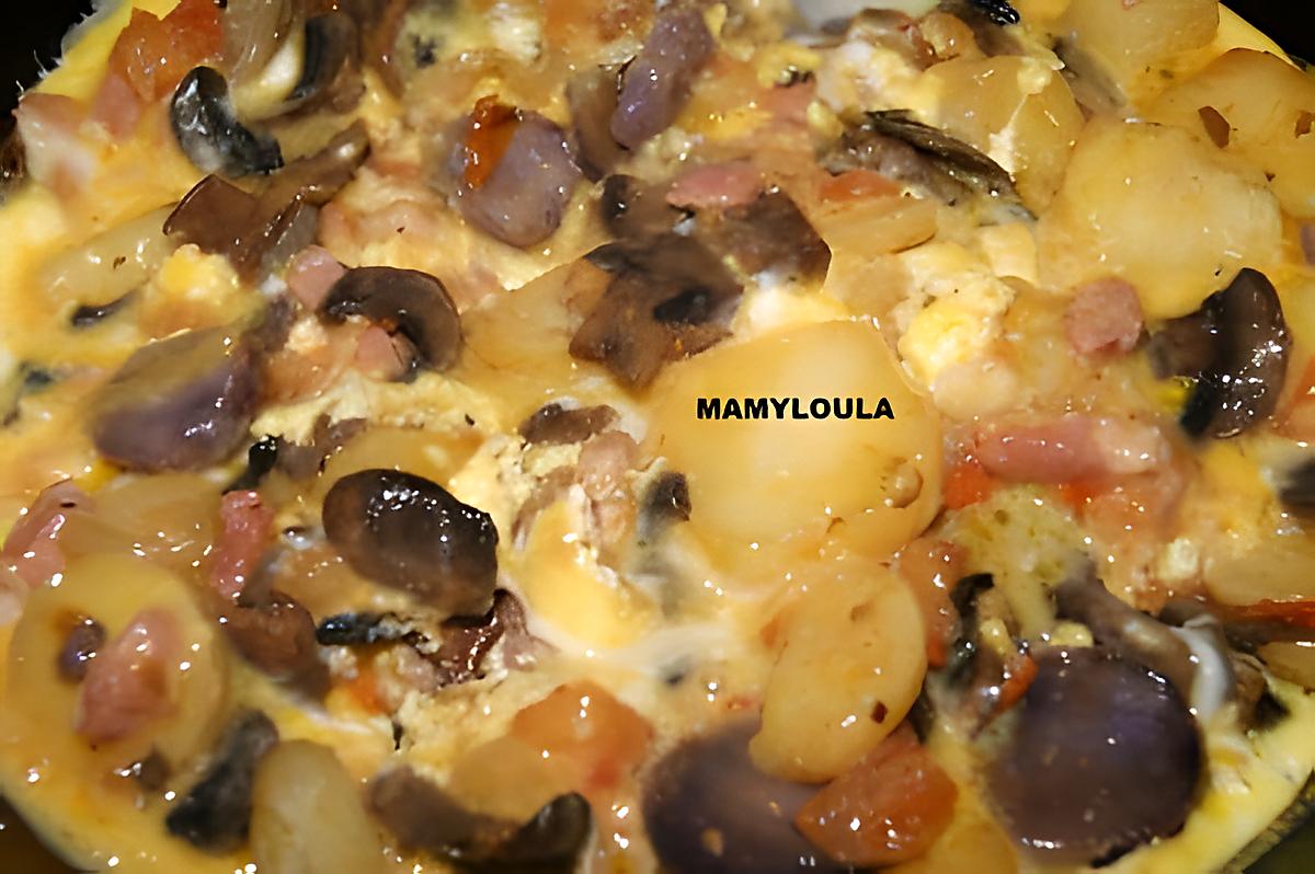 recette Omelette oignons/tomates/lardons fumés/ pommes de terre/champignons