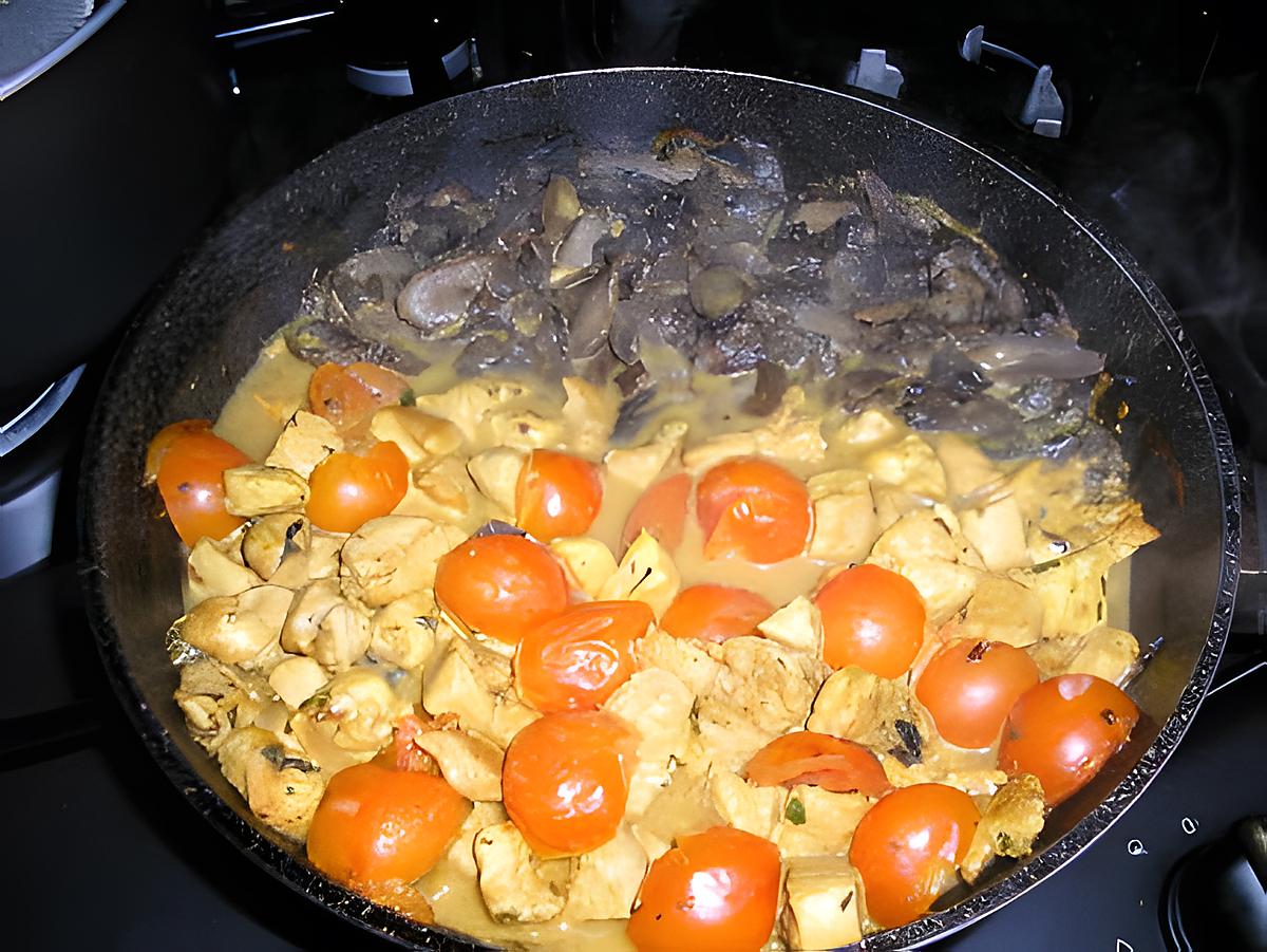 recette émincés de blancs de poulets curry paprika ,tomates cerises et champignons.